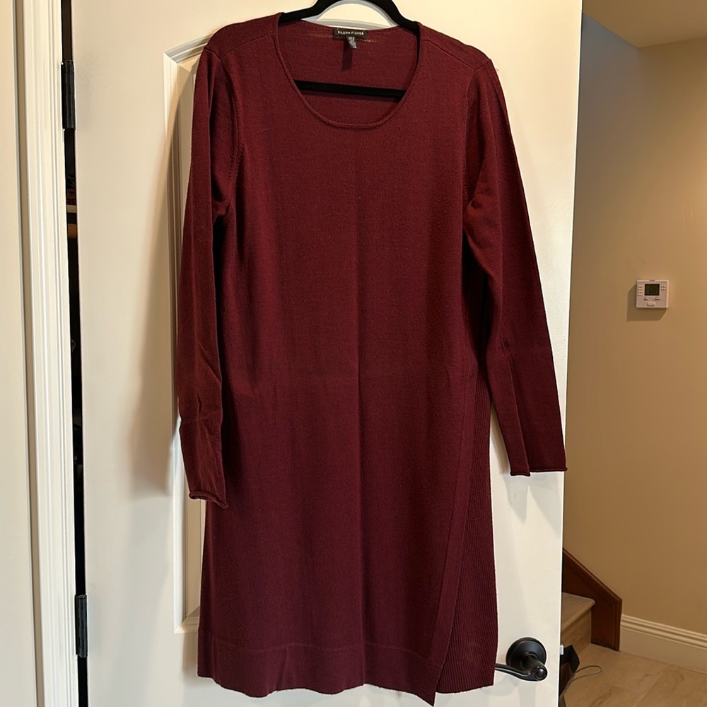 Eileen Fisher large long sleeve knit dress with hip detail. Size large.